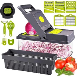15-in-1 Multipurpose Vegetable Chopper, Cutter, Mandoline Slicer & Dicer with 8 Steel Blades - Fruit Vegetable Chopper with 1.2L Tray, Anti-Slip, BPA-Free, Easy Clean for Veggies, Garlic, Carrots