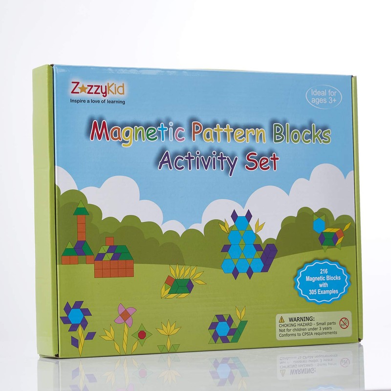 ZazzyKid Kids Magnetic Pattern Blocks Set: 216 PCS Geometric Shape