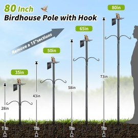 Bird Feeder Pole, 80 Inch Bird House Pole Stand for Outdoors Heavy Duty Metal Feeding Station Kit with 2 Hooks for Birdhouse & Pole Mount birdfeeders Outside, 1 Inch Diameter, 1 Pack