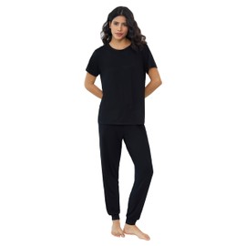 Joyaria Jogger Pajamas for Women Set with Side Pockets Pjs Bamboo Viscose Sleepwear(Black, XXL)