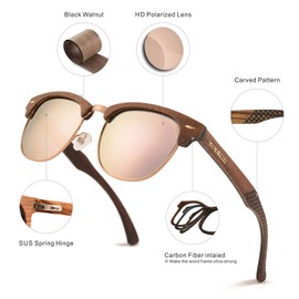 COCA TREE HD Mirrored Polarized Wood Sunglasses for Men and Women UV Protection Half Rim Classic Retro