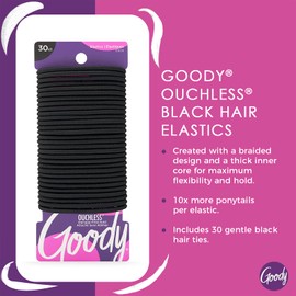 Goody Ouchless Hair Elastics - No Pull, No Breakage, Tangle-Free Hold for Thick, Curly, Coily & Textured Hair - 30 Count, Black, Long-Lasting Ponytail Holders for Women & Men