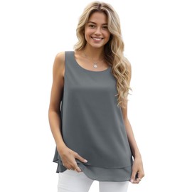 YGJIEGENG Womens Chiffon Tank Tops Round Neck Sleeveless Summer Shirts Blouse Loose Casual Vest Tops,Grey,M