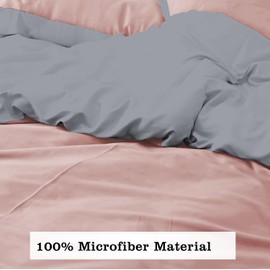 Ev Dekor Double Duvet Cover Sets – Reversible Brushed Microfiber Bedding- Plain Dye Quilt Cover with Pillowcase - Pink/Grey