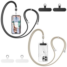 caslord Phone Lanyard 2 PCS, 1.6m Adjustable Universal Phone Strap Crossbody with 4 Reusable Patches, Neck Strap Compatible with Most Smartphones and Cases - Black and Camel