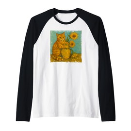 Sunflowers Orange Tabby Cat Painting Famous Artist Novelty Raglan Baseball Tee