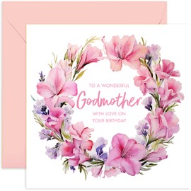 Old English Co. Godmother Birthday Card Floral - Mum Flower Birthday Card - Pretty Greeting Cards For Women - Flowers Pink Lily Design Birthday Card for Godmother | Blank Inside with Envelope