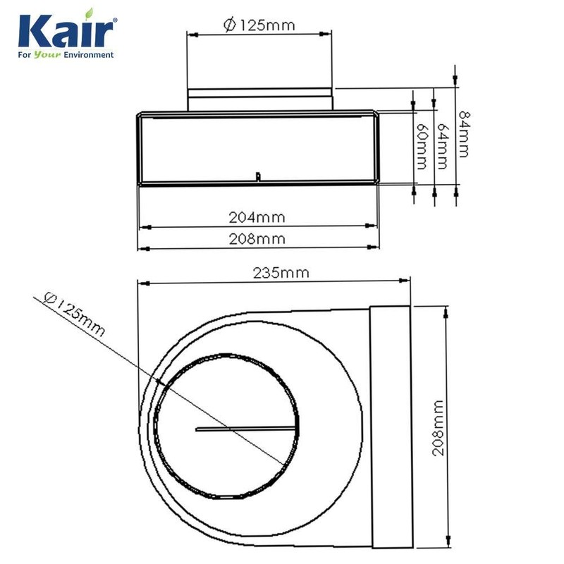 Kair Rotating Elbow Bend Adaptor 204mm x 60mm to 125mm