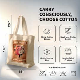 No Thorns Media Grow Through What You Go Through Cotton Tote Bag for Women Men Casual Tote Bag Cloth Canvas Shopping Bags with Handles Cute Bags Everyday Use 15" x 16" Aesthetic Gift ID44997