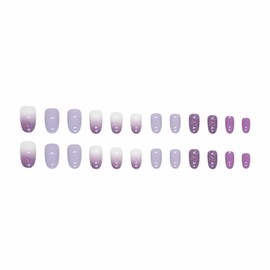 MERVF Short Round Press on Nails Purple French Tip Fake Nails Ombre Oval Glue on Nails with Gold Design Acrylic Nails Artificial Press ons False Nails 24pcs Glossy