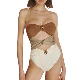 SherryDC - Traje de baño de una pieza para mujer, diseño de bandeau fruncido, bloque de color, cintura alta, con correas extraíbles, 127-marrón, M