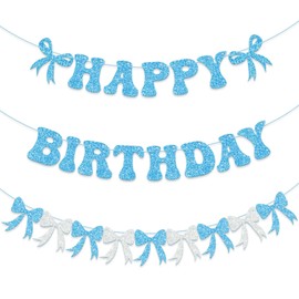 Trandraft 3 Pcs Blue Bow Happy Birthday Banner Garland Party Decorations Pre Strung Glitter Banner for Coquette Birthday Decorations Bow Themed Baby Shower Bridal Shower Party Decor