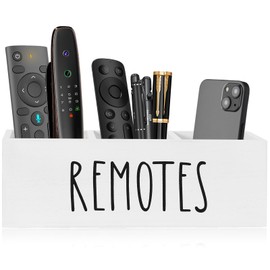 BTBHIHO Wooden Remote Control Holder with 2 Compartments, White TV Remote Storage Organizer with Handles on Both Sides, Nightstand Caddy, Wooden Media Storage Box for TV Controllers Living Room