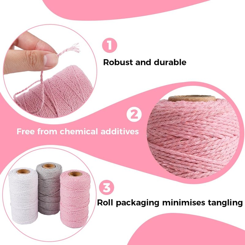3 Rolls 2 mm x 100 m Cotton Macrame Cord