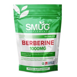 Berberine 1000mg British Made Tablets by SMUG Supplements - 100 Natural Vegan Pills - One-A-Day Dietary Supplement