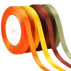 DECYOOL 4 Rolls 100 Yards Fall Ribbons, 10 mm Wide Autumn Thanksgiving Satin Ribbon for Wreath Bows Party Home Decoration Craft Wrapping (Orange, Yellow, Brown, Green)