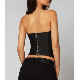 Women PU Leather Strapless Tube Top Ruched Cut Slim Sleeveless Ripped Bandeau Cropped Camisole Corset Shirts Zip Up Back Y2K Black
