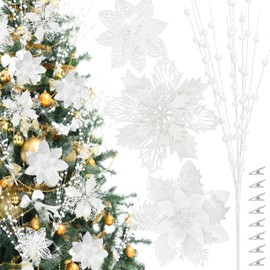 30Pcs Glitter Poinsettia Flowers Berries Stems Ornaments Kit, 24Pcs Artificial Flowers with Clips and 6Pcs Berry Picks Floral Decorations for Christmas Tree Wreath Fireplace Xmas Party Decor (White)