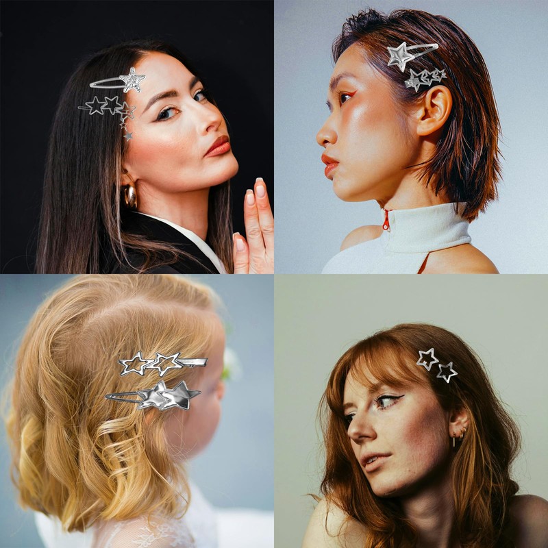 30PCS Y2K Silver Hair Clips Metal Star Barrettes 16 Shapes