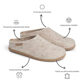 THE COZY SHEEP Felt Slippers with Leather Sole, Practical Men's and Women's Slippers Summer and Winter, Comfortable Hut Shoes for Men and Women, Felt Slippers Closed, beige