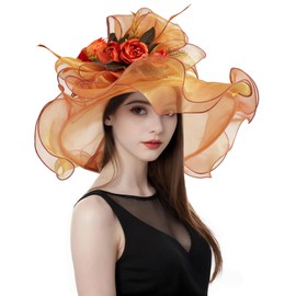 yrsZX Organza Church Derby Hats for Women Wedding Tea Party Fascinator Floral Wide Brim Sun Hat 06 Gold Orange