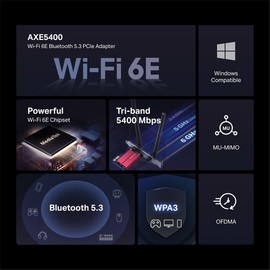 MERCUSYS MA86XE PCLe AXE5400 Wi-Fi 6E Bluetooth 5.2 Triple Band 6GHz/5GHz/2.4GHz Compatible with Windows 11 and 10 MU-MIMO, OFDMA, WPA3 Encryption Standard