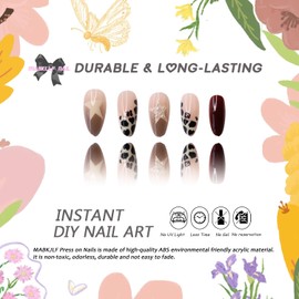 Medium Almond Press on Nails MABKJLF French Tip Fake Nails False Nails with Leopard Print Stars Pearls Designs Full Cover Glossy Glue on Nail Acrylic Nail for Women Girls 24Pcs
