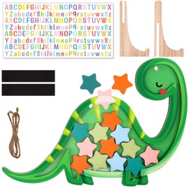 Yaomiao Wooden Reward Jar Set Dino Duck Magnetic Reward Jar Star Chart with Colorful Letter Stickers Wooden Stand Positive Behavior Training for Home School Board Kids Toddler Student (Dinosaurs)