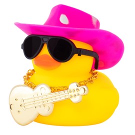 wonuu Car Dashboard Decor Rubber Duck, Car Ducks Ornaments with Mini Spots Cowboy Hat Necklace Sunglasses Guitar (Pink Silver)