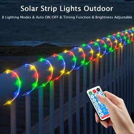 Meewata Solar Led Strip Lights Outdoor, 20ft Cuttable 336LEDs Auto On/Off, 8 Mode with Remote Timer, Waterproof Self-Adhesive, Perfect for Deck, Patio, Poolside, Camping Decor, Multicolor