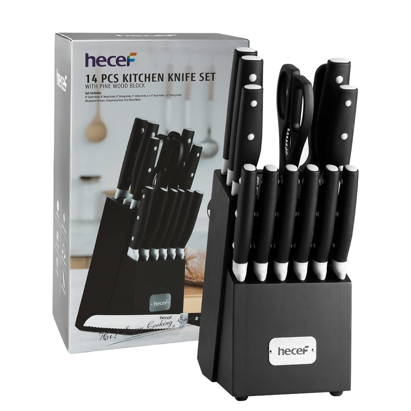 hecef Kitchen Knife Block Set, 14 Pieces Knife Set with