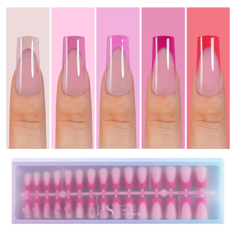 Misssix XBASICTIPS Uñas postizas francesas rosas, 150 unidades, largas y