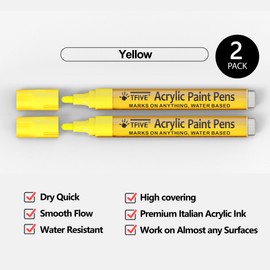 TFIVE Yellow Paint Marker Paint Pens - 2 Pack Acrylic Permanent Marker, 2-3mm Medium Tip, Paint Pen for Art Projects, Drawing, Rock Painting, Ceramic, Glass, Wood, Plastic, Metal, Canvas DIY Crafts