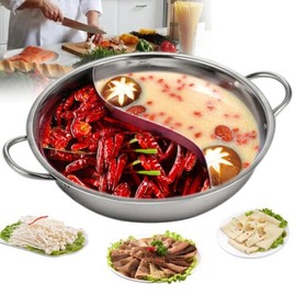 12 Inch Food Grade Stainless Steel Shabu Shabu Hot Pot w/Dual Divider & Thicken Glass Lid, Two-Flavor Soup Pot Hot Pot for Induction Cooker, Gas Furnace, Electric Furnace, Ceramic Hob