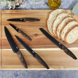 Oster Godfrey 5-Piece Kitchen Cutlery Knife Set w/Black Blade and Wood Look Handle