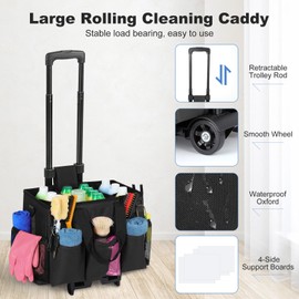 Housolution Housolution Rolling Cleaning Caddy Bag with Detachable Trolley, Professional Portable Large Cleaning Bag with Wheels, Wearable Cleaning Supply Bag on Wheels for Housekeepers, Black