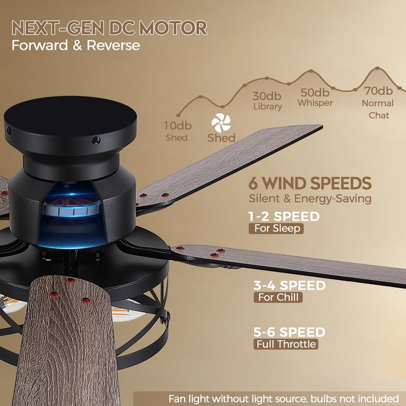 JSAITEE 52in Flush Mount Farmhouse Ceiling Fan with Lights, Caged