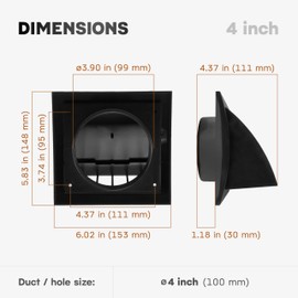 ECOPRO VENT 4 Inch Anthracite Plastic Dryer Vent Cover with Backdraft Damper – Exterior Wall Exhaust Hood Grille with Non-Return Protective Flap – Outside Air Vent Cover for Dryer, Bathroom & HVAC