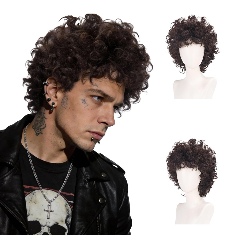 Brown Curly Wig Men 70s 80s Short Fluffy Afro Brown