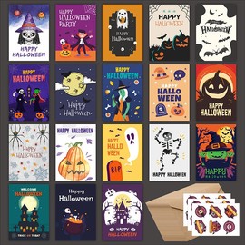 Rqker 18 Pack 4x6in Happy Halloween Cards with Envelopes, 18 Adorable Designs Hallo ween Blank Note Cards with Envelopes & Stickers, Halloween P1