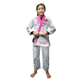 Nitro Fight Wear - Girls Kids Premium BJJ Gi - FREE WHITE BELT - Pink Lapel - Lightweight - Monkey - Brazilian Jiu Jitsu Girl's Uniform (M4)