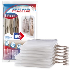 Hanging Vacuum Storage Bags, 6 Pack Large Hanging Space Saver Bags, Vacuum Sealed for Clothes Suits Dress Jackets for Moving Supplies(3 Long, 3 Short)