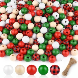 FEPITO Pack of 250 Christmas Plaid Wooden Beads Buffalo Craft Wooden Beads 16 mm Farmhouse Print Wooden Spacer Beads for Christmas Holiday Party Decoration DIY Craft Supplies