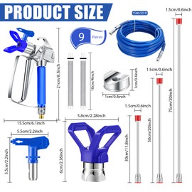 16 Pieces Paint Sprayer Hose Set, Airless Paint Sprayer Hose Kit with Spray Gun 5 Reversible Nozzles 1 Hand Tight Tip Guard 3 Head Extensions 5 Airless Spray Gun Mesh Filters (Blue)