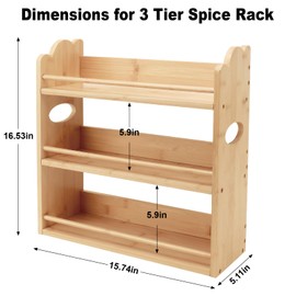Thalomely 3 Tier Bamboo Spice Rack, Spice Rack Organizer, Seasoning Jars Rack Shelf Spice Organizer for Kitchen Counter or Wall Mounting, Spice Storage Holder with handles, Jars Not Included,Natural