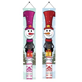 Saoplasa 2PCS Christmas Porch Sign Red and Pink Tall Hat Snowman Porch Banner Set Holiday Hanging Sign Winter Front Door Decor Outdoor Xmas Entryway Decoration for Home Party 71 x 12 Inch