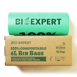 BIO-EXPERT 6L Bin Liner 150Bags 100% Compostable Biodegradable Bin Bag Made from Plants with En13432 & Home Compost Certification Leakproof Super Strong Green Color (6L 150Bags)