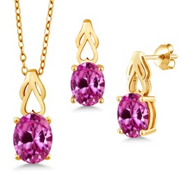 Gem Stone King 18K Yellow Gold Plated Silver Pink Created Sapphire Pendant and Earrings Jewelry Set For Women | 3.00 Cttw | Oval 9X7 | Gemstone September Birthstone | with 18 Inch Chain