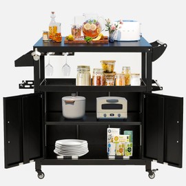 Outdoor Grill Cart Kitchen Island, Weatherproof Cold Rolled Steel Storage Cabinet with 4 Swivel Wheels, Double Magnetic Doors, 4 Hooks, and Silver Handles – Ideal Outdoor Bar Cart, Cooking Station