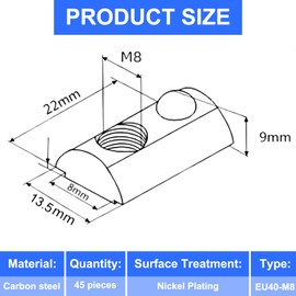 ADERTOS Pack of 45 T slot nuts M8 slot blocks with ball for aluminium profile carbon steel M8 T grooves stone European standard 40 series sliding nut spring ball hammer head nut for 40 profile